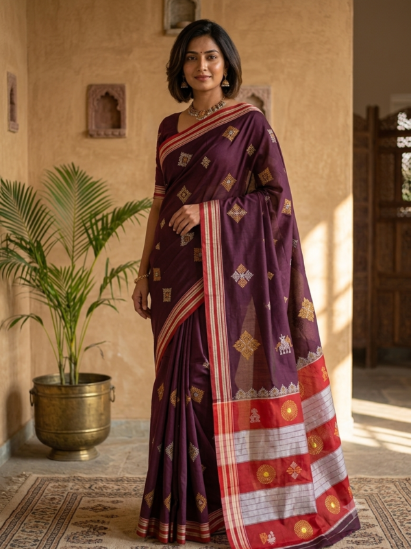 maroon cotton saree